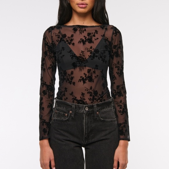 Abercrombie & Fitch Long-Sleeve Slash Mesh Top Velvet Black Floral NWT Size XL - Picture 1 of 9